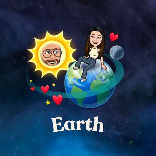 Earth in Snapchat planets with best friend Bitmoji sitting on globe with moon nearby and sun slightly away, showing third bond