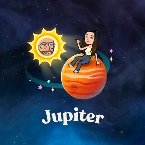 Jupiter in Snapchat planets with best friend Bitmoji on large striped planet and sun farther away, showing fifth friendship rank