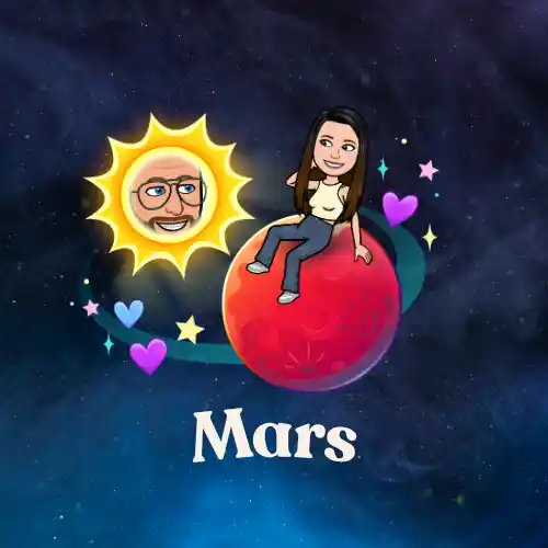 Mars in Snapchat planets with best friend Bitmoji on red planet and sun at moderate distance, showing fourth strongest bond