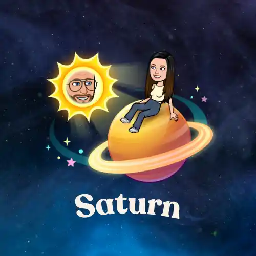 Saturn in Snapchat planets with best friend Bitmoji on ringed planet and distant sun, representing sixth closest friendship
