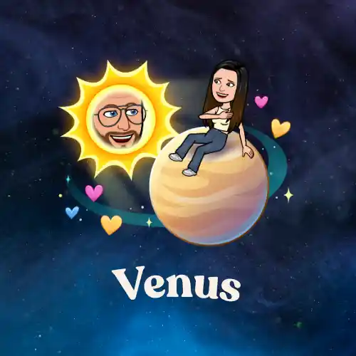 Venus in Snapchat planets with best friend Bitmoji near the sun and soft hearts, representing second closest friendship connection

