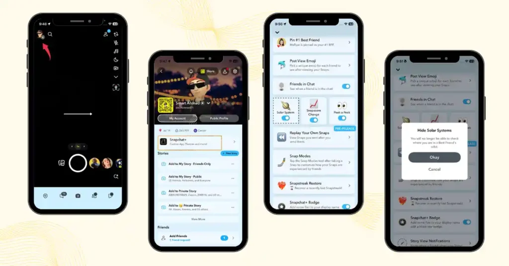 Snapchat planets deactivation guide showing Snapchat+ settings menu with Hide Solar System option popup