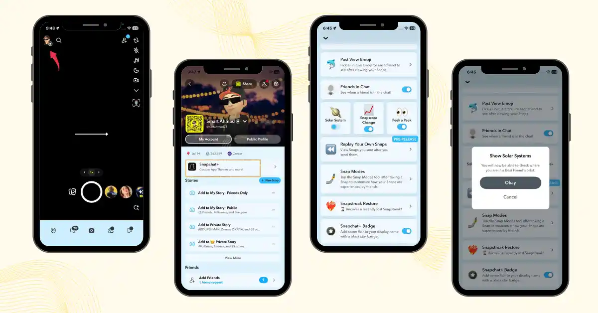 Snapchat Planets activation guide showing Snapchat+ settings menu and Show Solar Systems confirmation popup