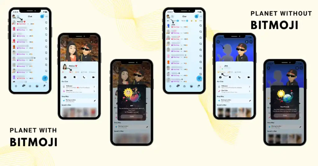 Snapchat planets guide showing how to check friend ranking via profile badge with and without Bitmoji comparison view