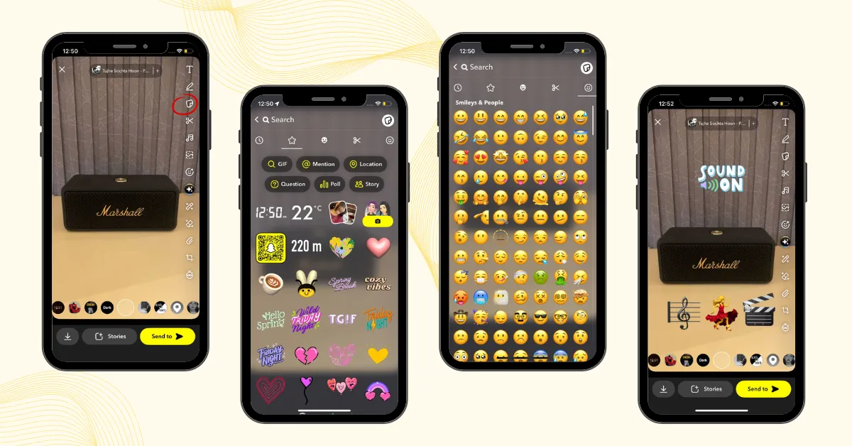 Snapchat friend emojis on editing screen showing how to add emojis and stickers to snaps before sending