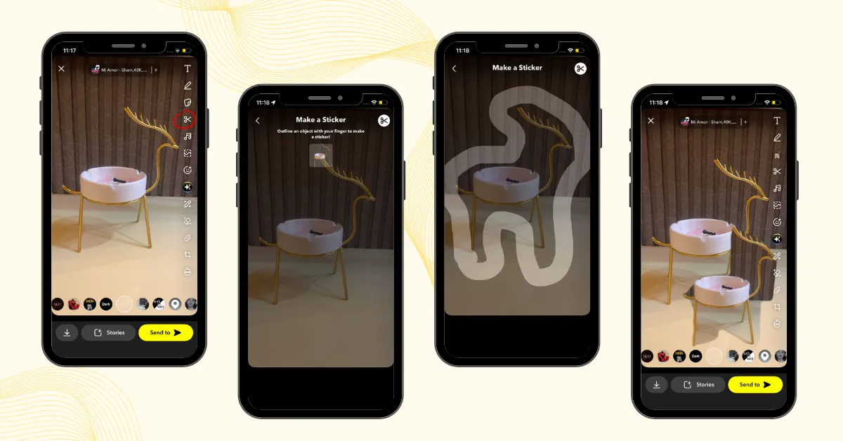 Creating a custom Snapchat sticker by taking a snap, selecting the scissors tool, and outlining an object