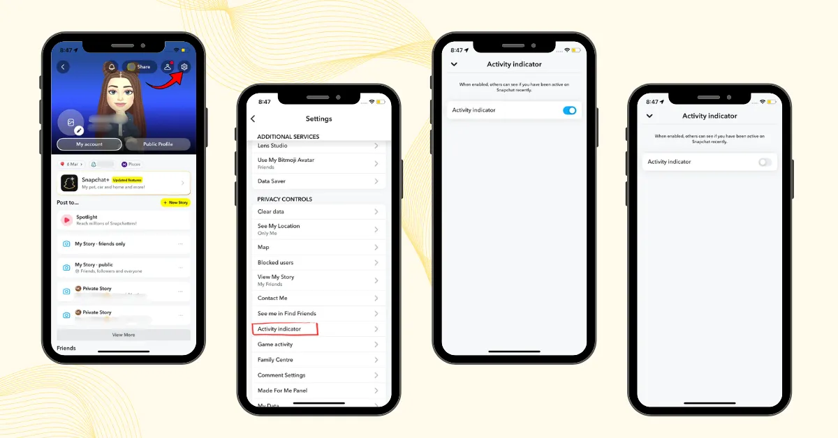 Turn off the green dot on Snapchat with Settings menu showing Activity Indicator and on/off toggles