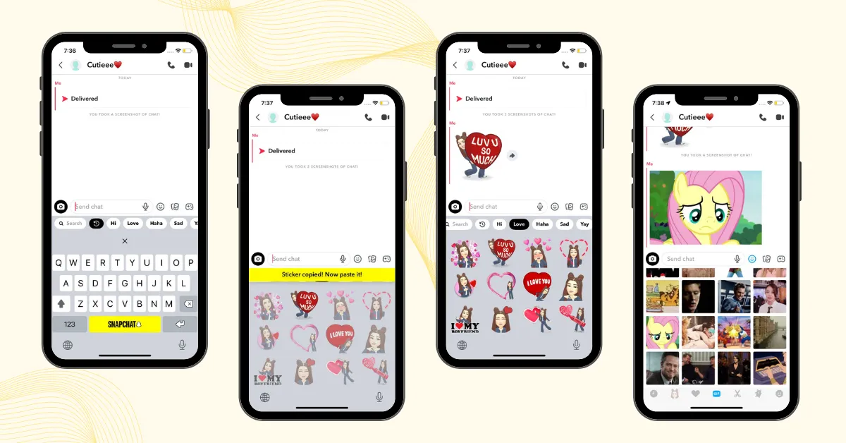 Snapchat keyboard interface showing multiple chat screens, sticker copying, GIF selection, and sending messages in a live conversation