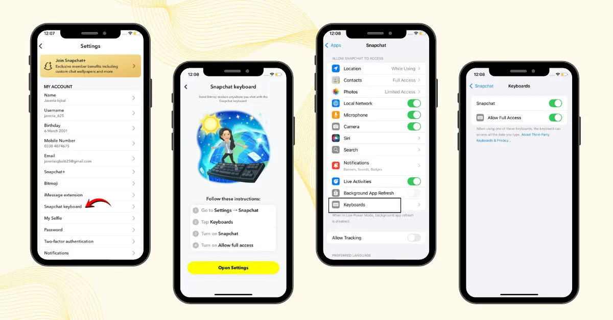 Snapchat keyboard setup on iOS device showing settings screen and keyboard toggle options step by step