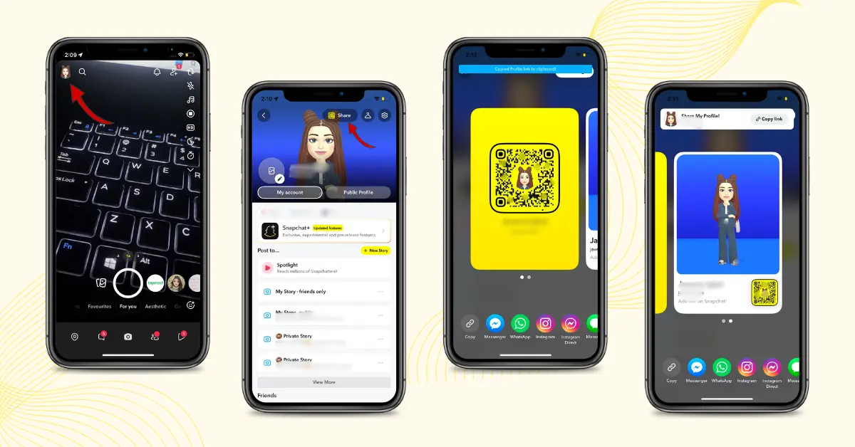 Step-by-step guide showing how to find, open, and share your Snapchat QR code from your profile page. 