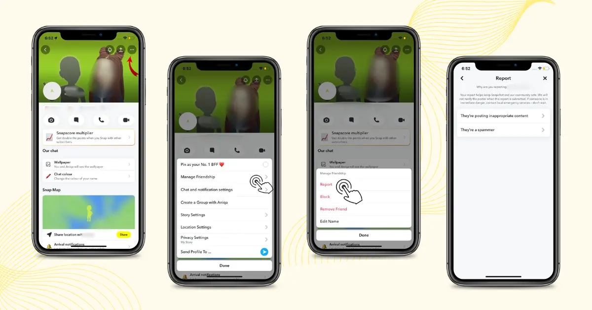How to report blackmail on Snapchat by accessing a user's profile, selecting Report, and submitting a safety complaint