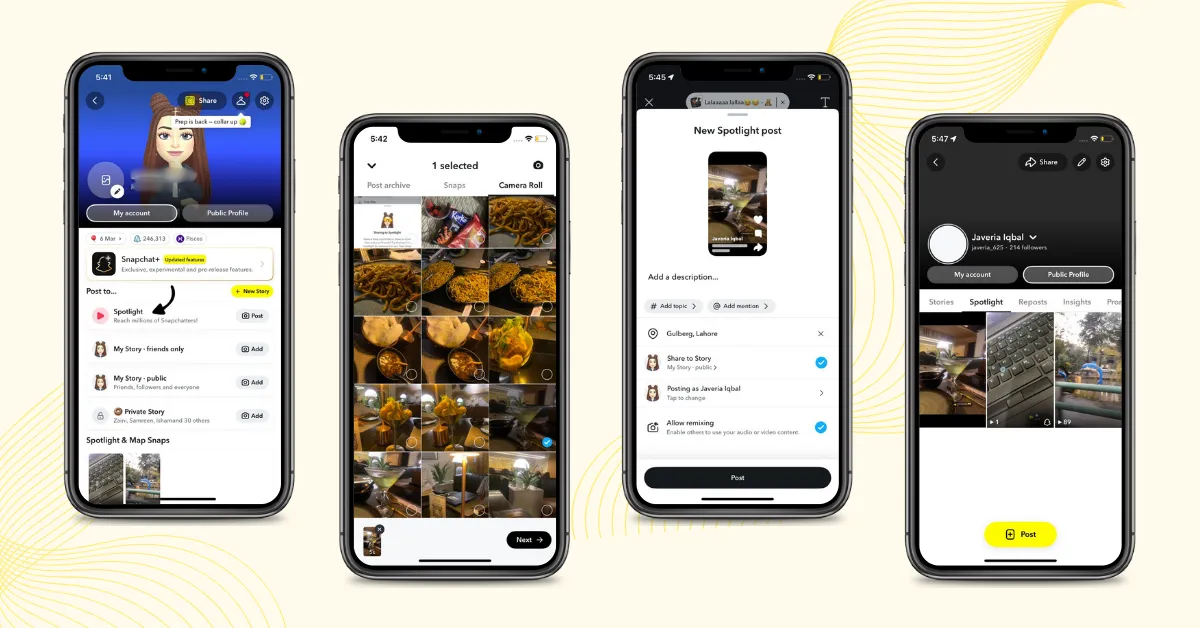 Snapchat Spotlight guide showing how to select a saved video and publish it as a post.