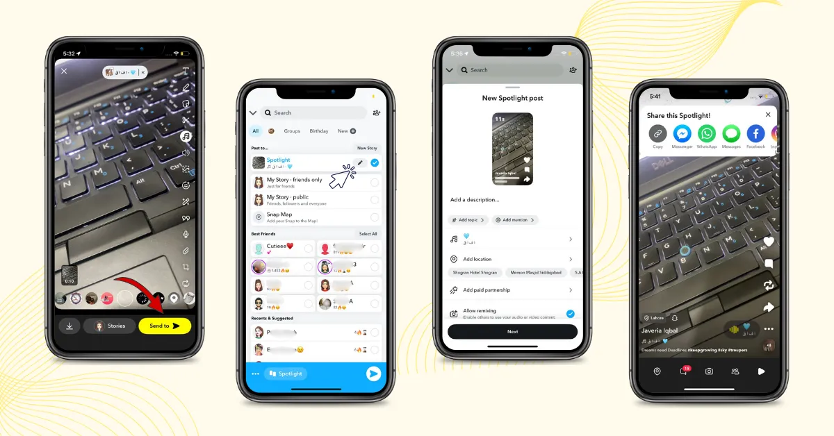 Snapchat Spotlight posting steps showing how to make a video, edit details, and publish.