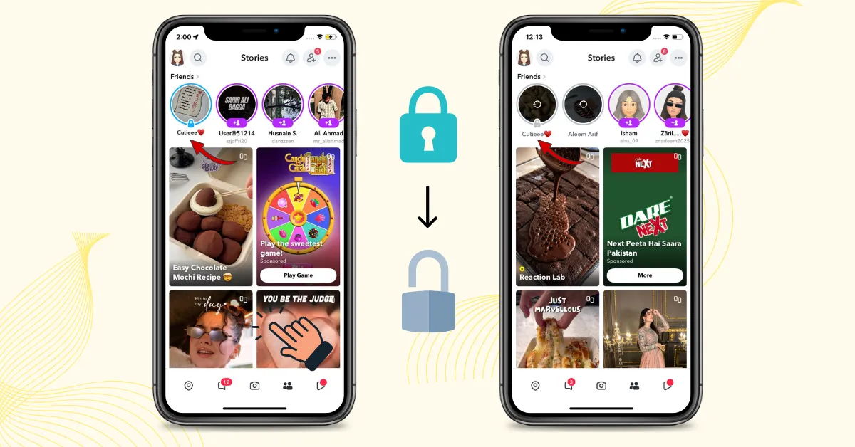 Snapchat Stories screen compares blue and gray lock icons, showing how the lock appears before and after viewing a Story.